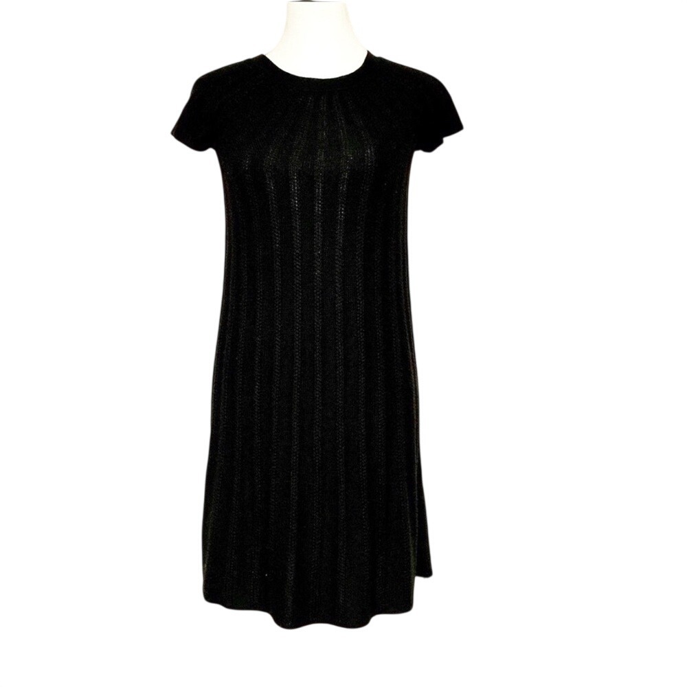 Calvin Klein Black Ribbed Knit Short Cap Sleeve‎ A-Line Sweater Dress Womens